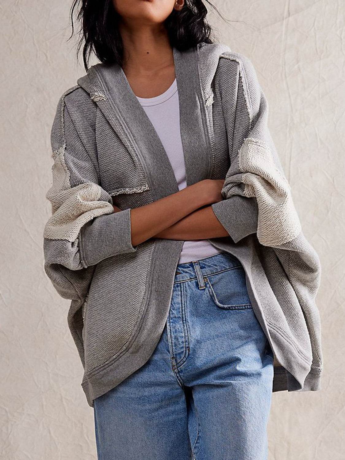 Exposed Seam Open Front Batwing Sleeve Hooded Cardigan - Delanoir