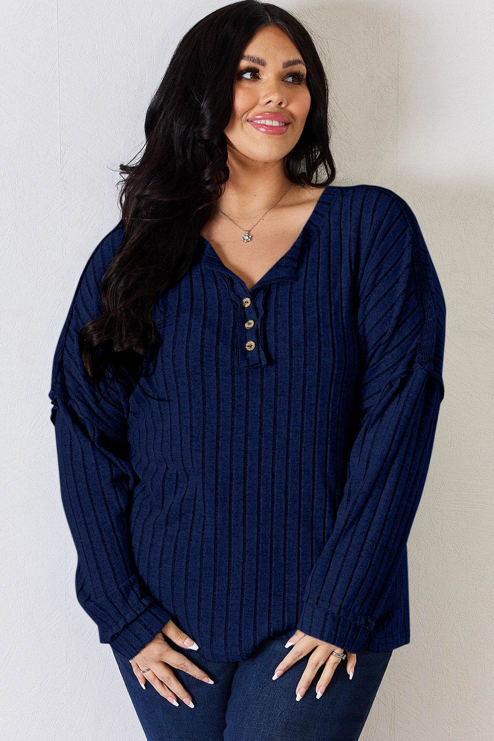 Basic Bae Full Size Ribbed Half Button Long Sleeve T-Shirt - Delanoir
