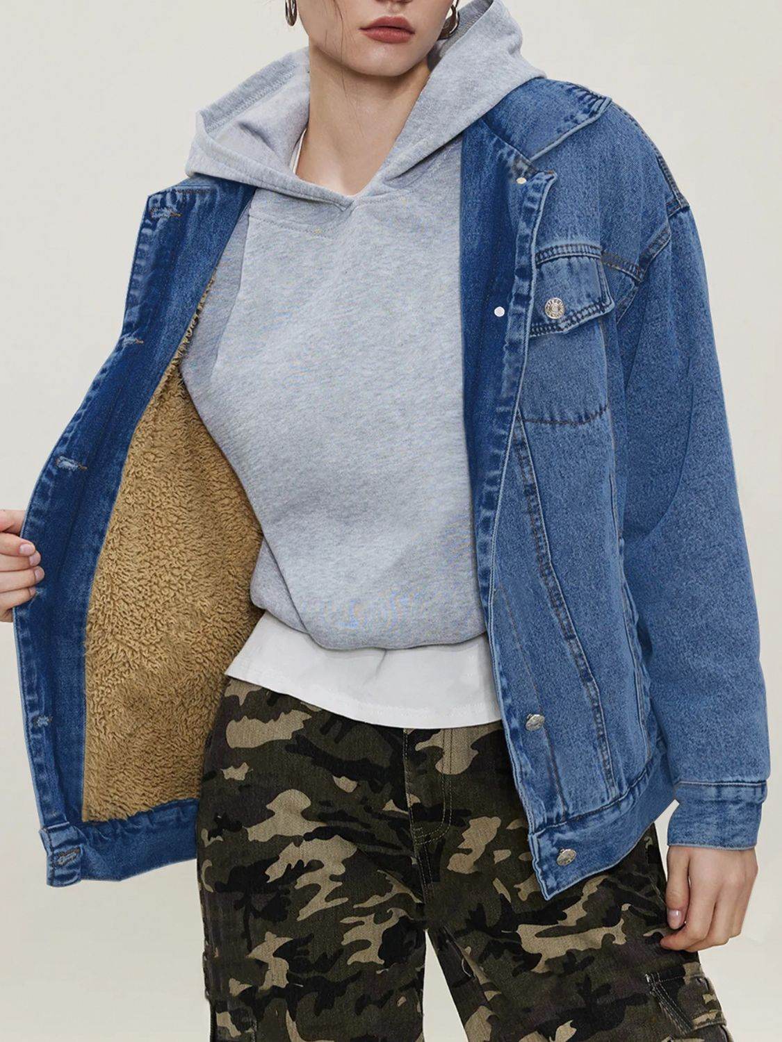 Button Up Collared Neck Long Sleeve Denim Jacket - Delanoir