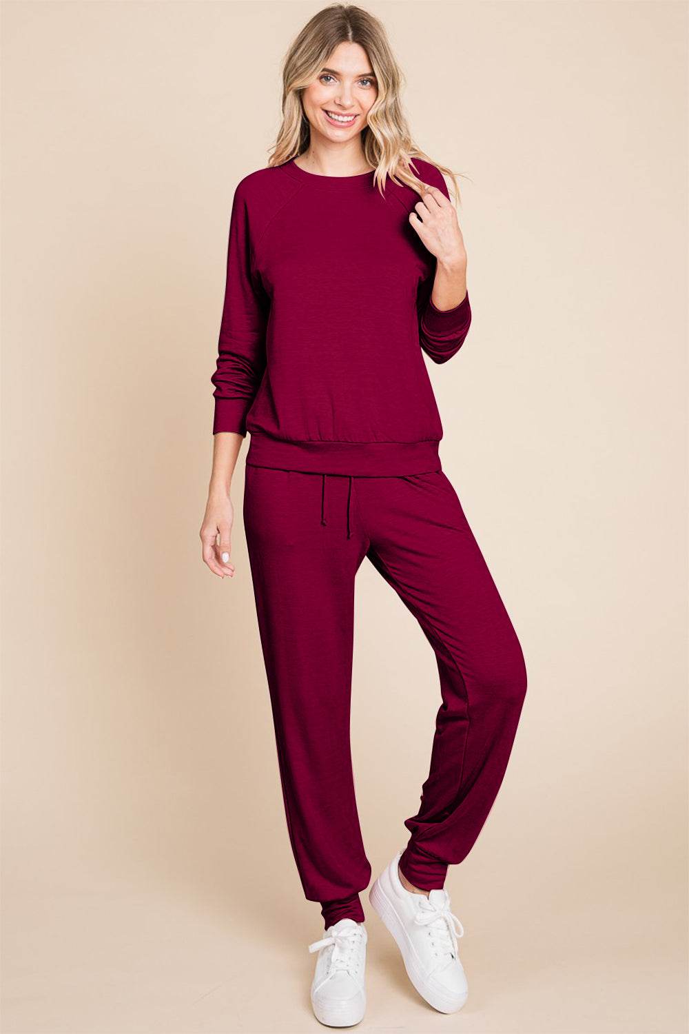 Super Lady Round Neck Raglan Sleeve Top and Pants Lounge Set - Delanoir
