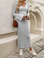 Devine Tied V-Neck Long Sleeve Sweater Dress - Delanoir