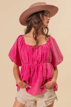 BiBi Pleated Puff Sleeve Washed Blouse - Delanoir