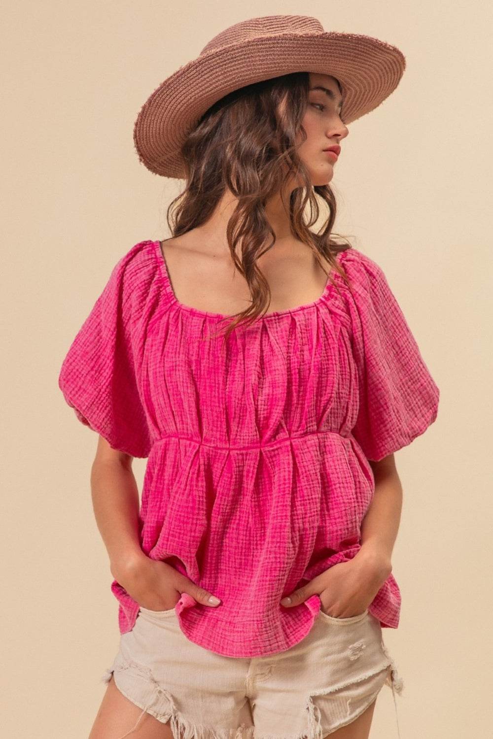 BiBi Pleated Puff Sleeve Washed Blouse - Delanoir