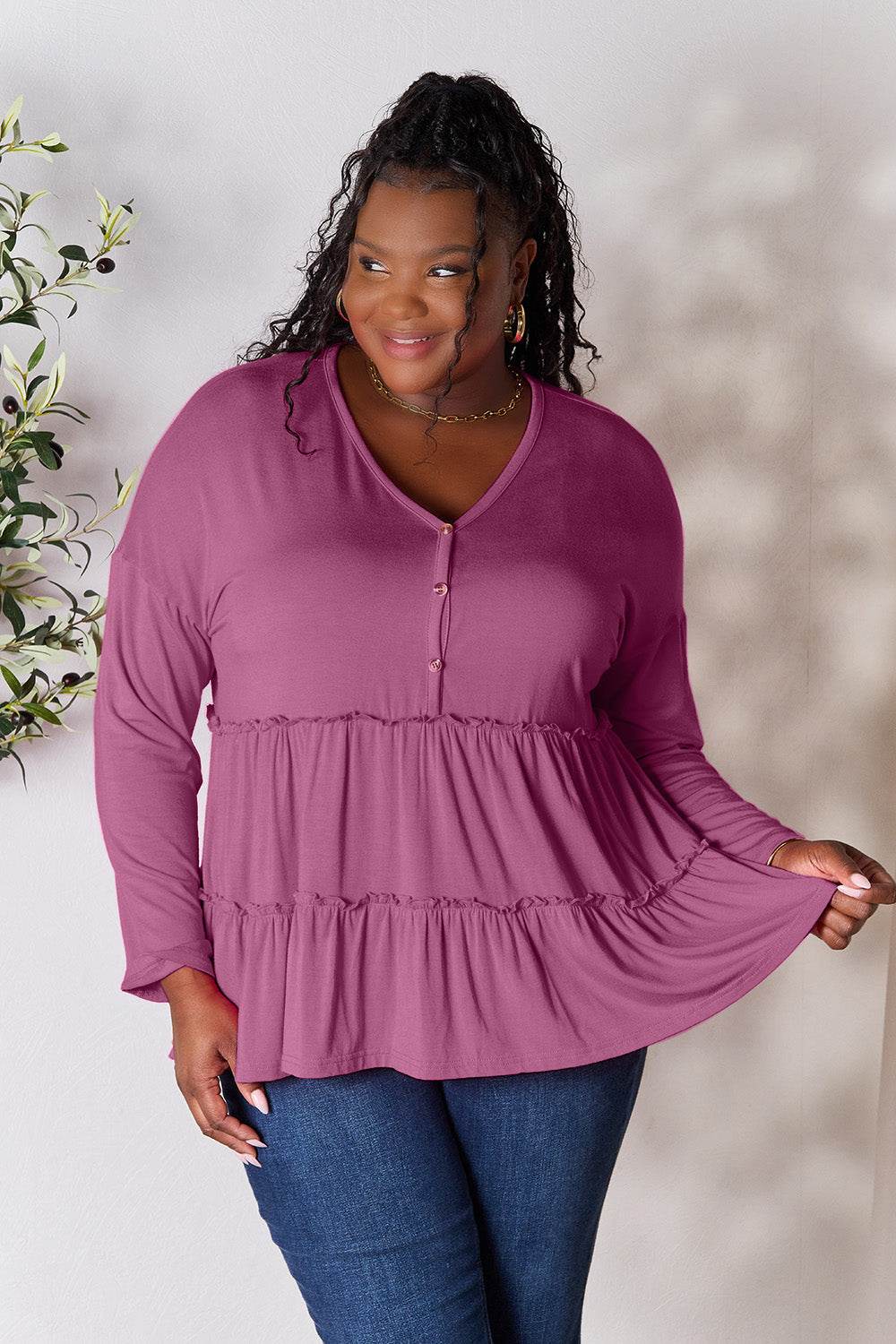 Double Take Half Button Long Sleeve Ruffle Hem Blouse - Delanoir