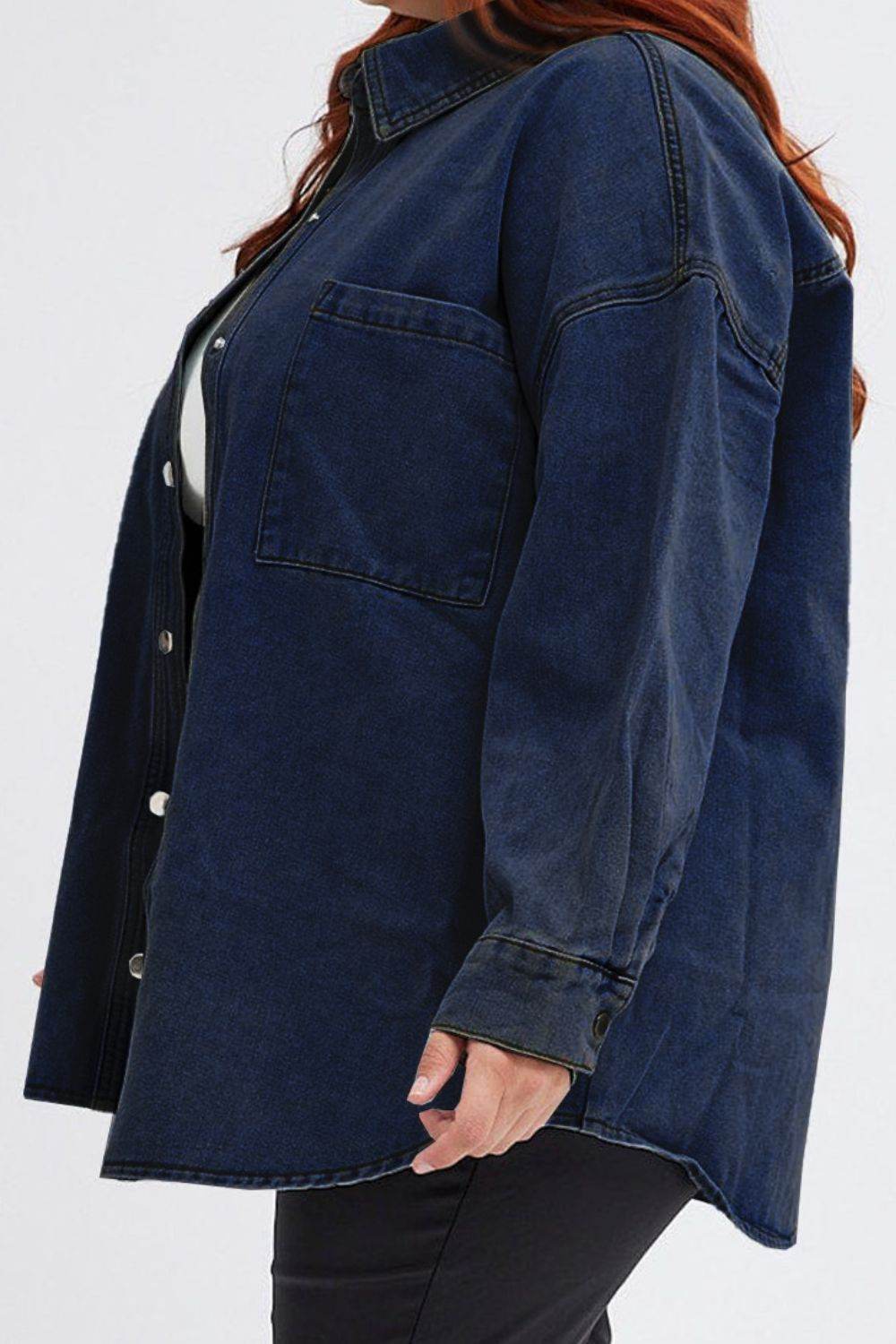 Plus Size Snap Down Pocketed Denim Jacket - Delanoir