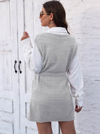 Tie Front V-Neck Sleeveless Slit Sweater Dress - Delanoir