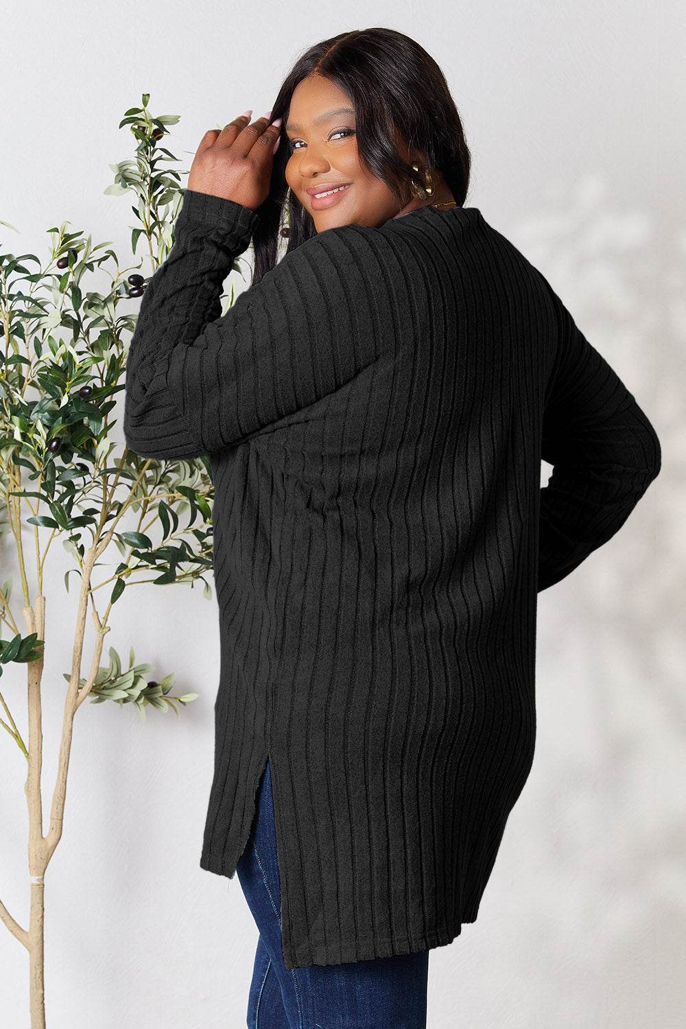 Basic Bae Full Size Ribbed Round Neck Long Sleeve Slit Top - Delanoir