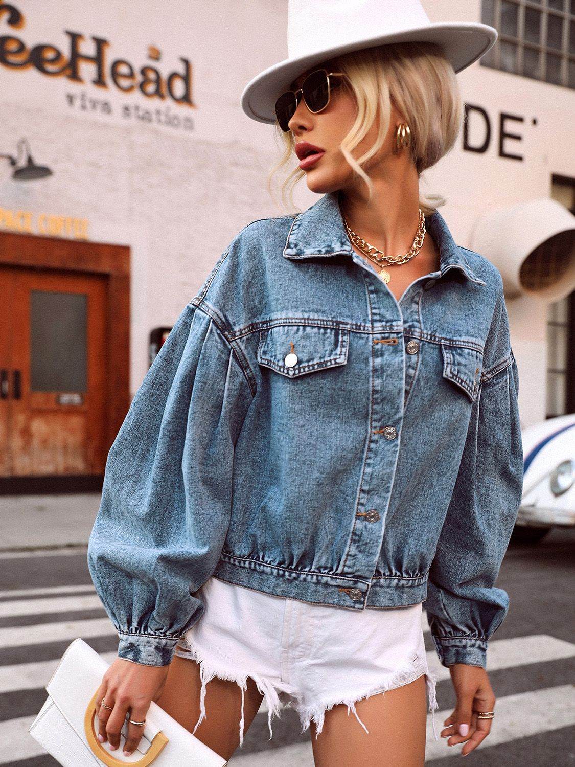 Collared Neck Dropped Shoulder Denim Top - Delanoir