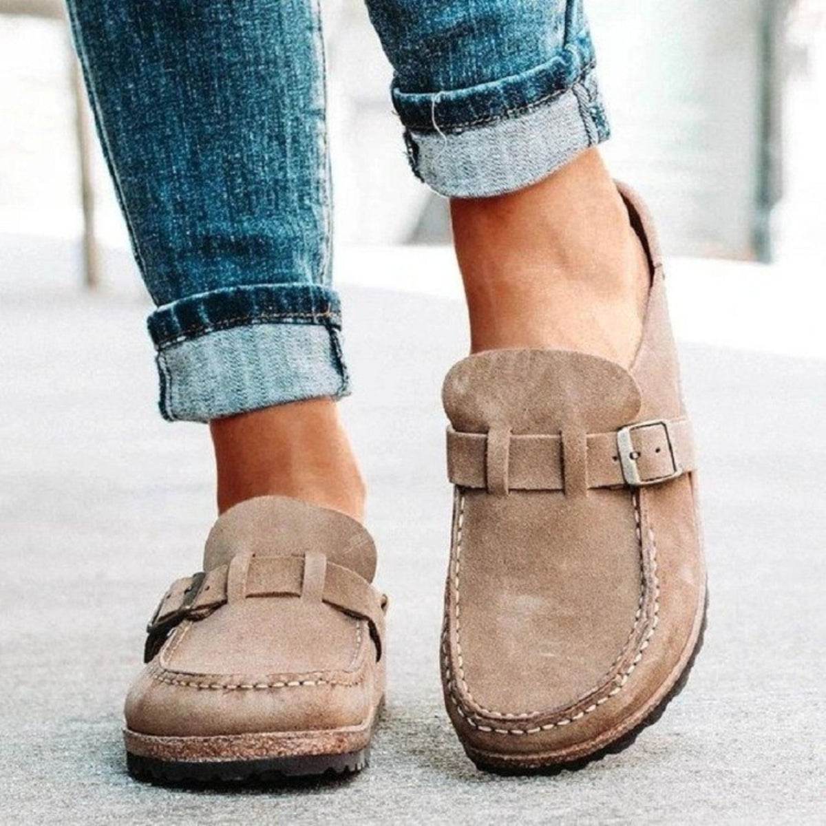 Round Toe Low Heel Buckle Loafers - Delanoir