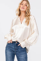 SAGE + FIG Notched Long Sleeve Blouse - Delanoir
