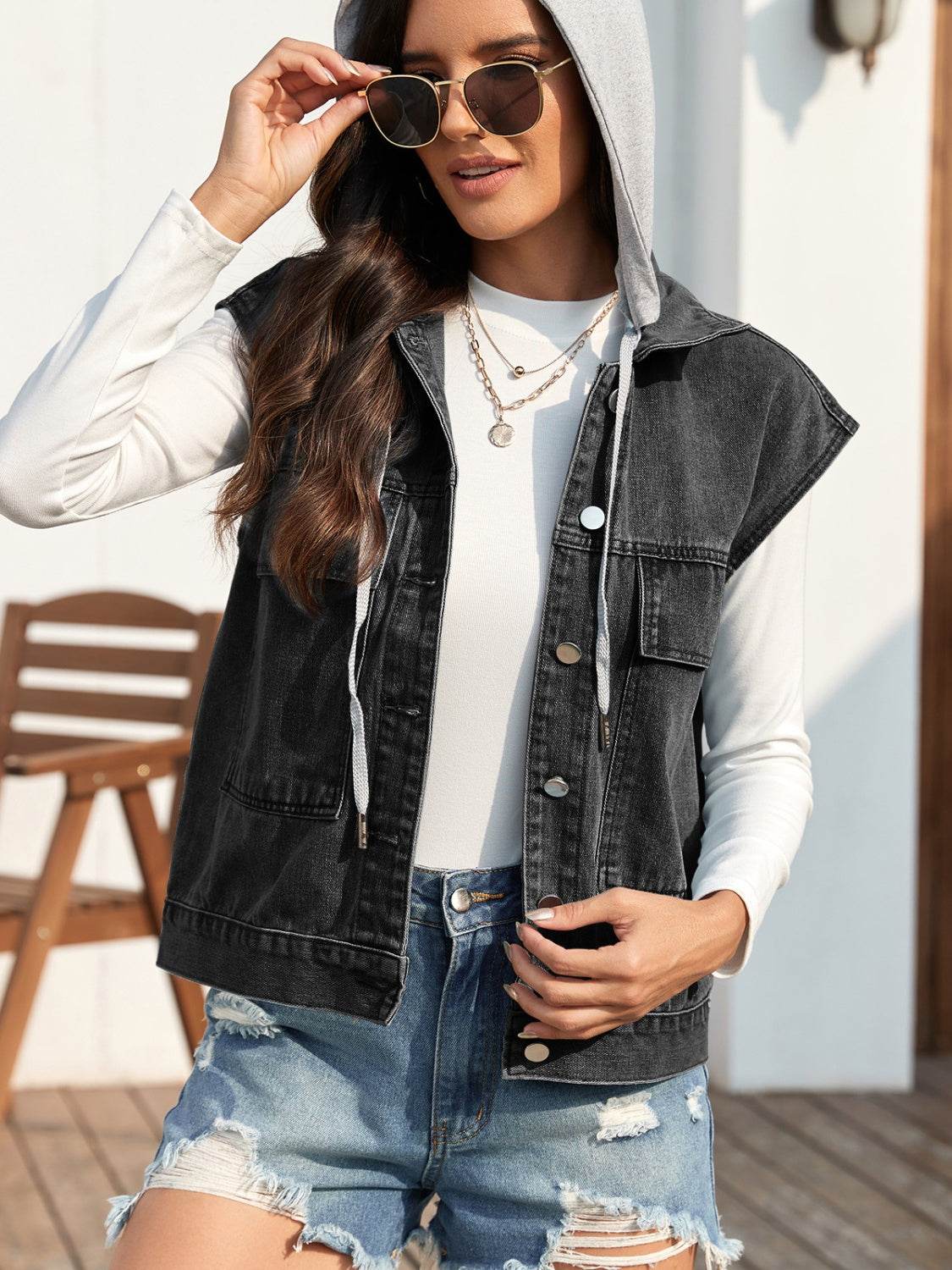 Drawstring Button Up Sleeveless Denim Jacket - Delanoir