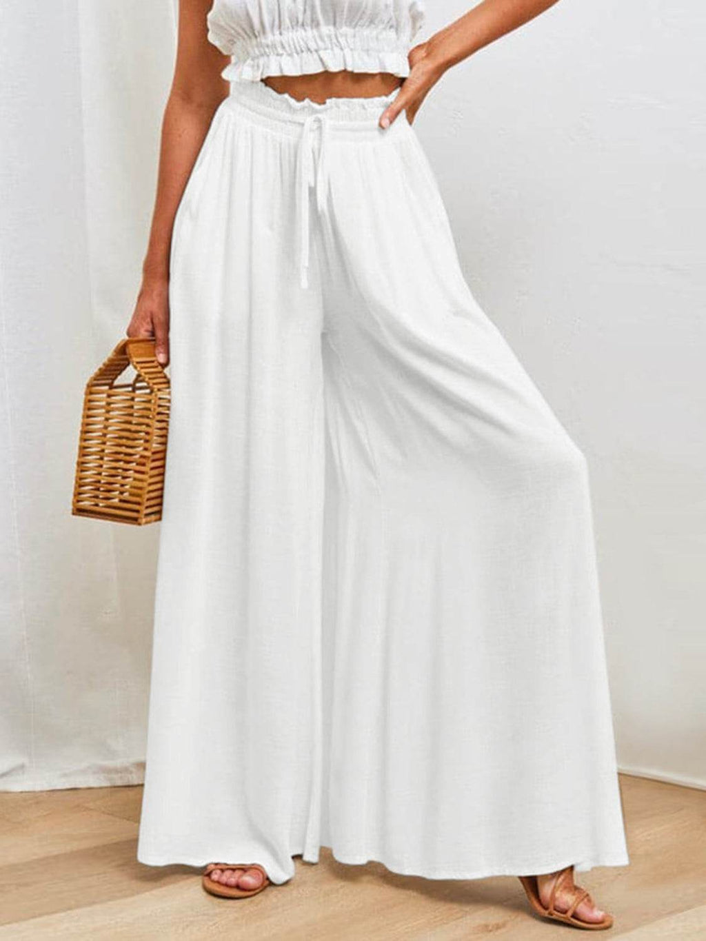 Drawstring Wide Leg Pants with Pockets - Delanoir