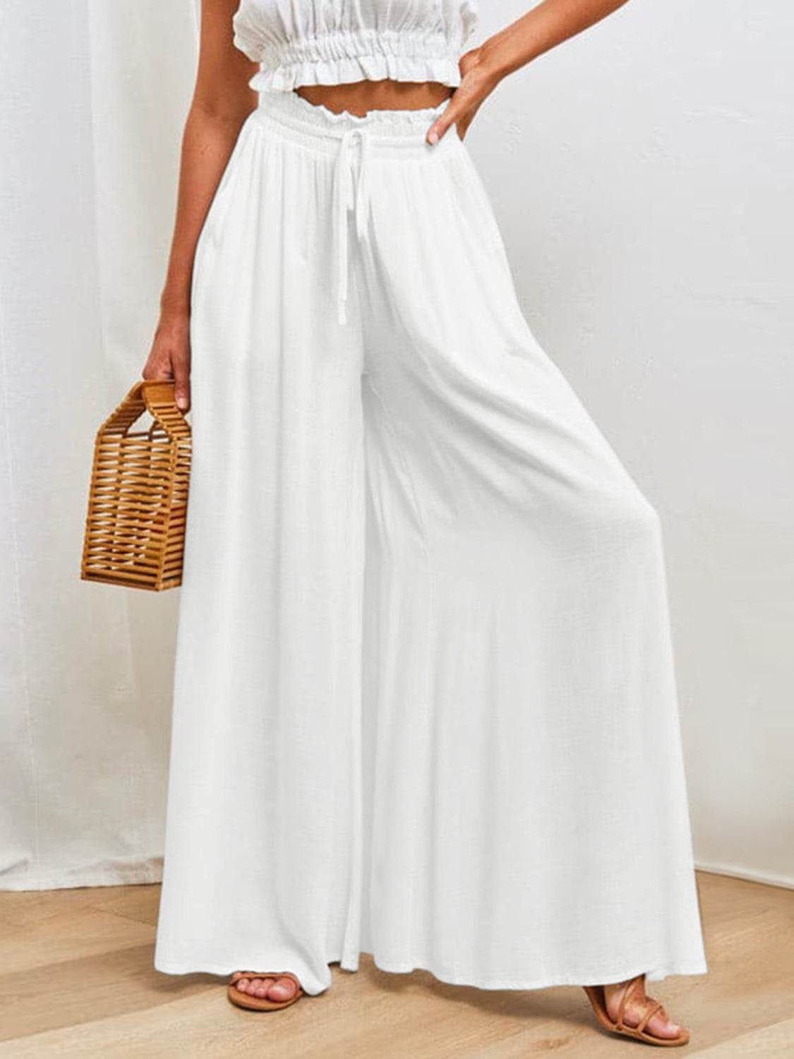 Drawstring Wide Leg Pants with Pockets - Delanoir