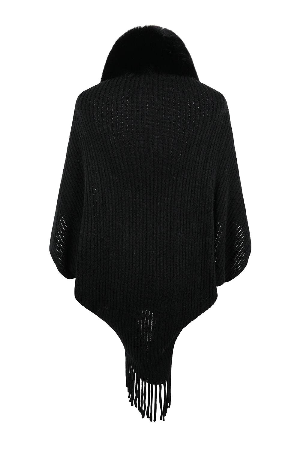Fringe Detail Long Sleeve Ribbed Poncho - Delanoir