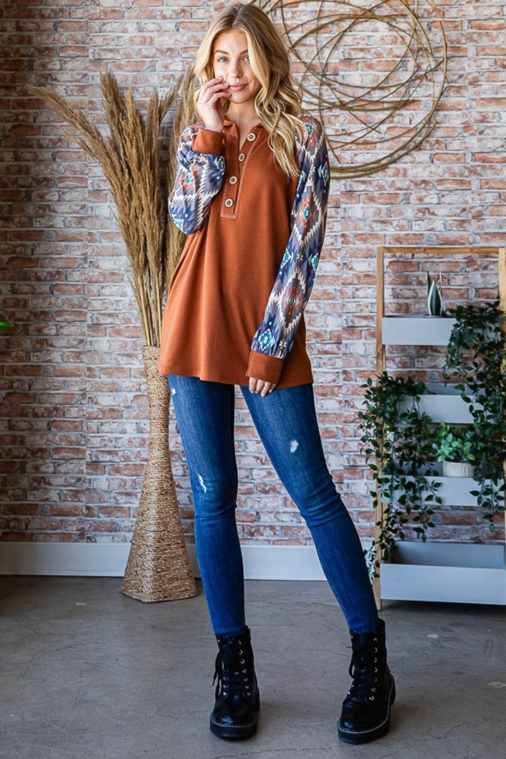 Heimish Full Size Half Button Printed Long Sleeve Hooded Top - Delanoir