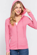 ACTIVE BASIC Waffle Knit Drawstring Zip Up Long Sleeve Hoodie - Delanoir