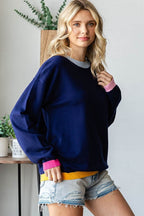 First Love Contrast Ribbed Round Neck Long Sleeve Sweater - Delanoir