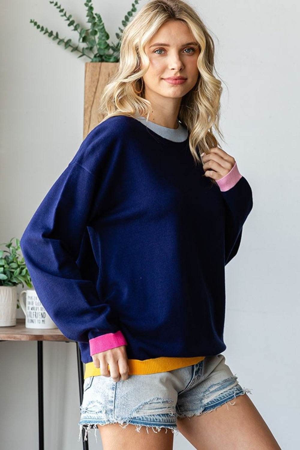 First Love Contrast Ribbed Round Neck Long Sleeve Sweater - Delanoir