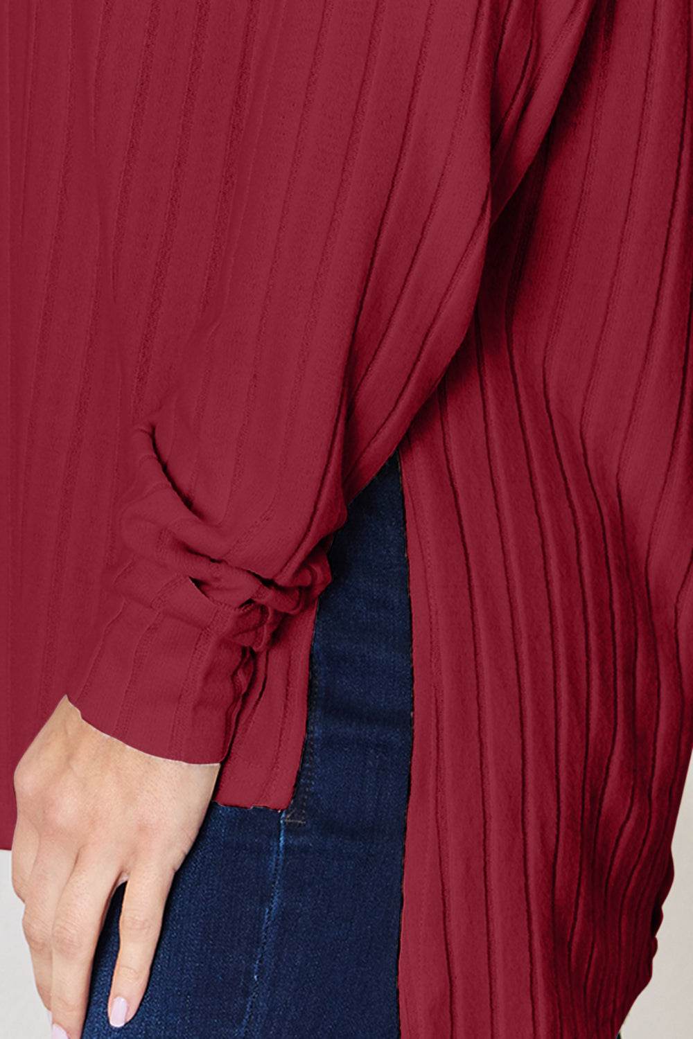 Basic Bae Full Size Ribbed Round Neck Slit T-Shirt - Delanoir