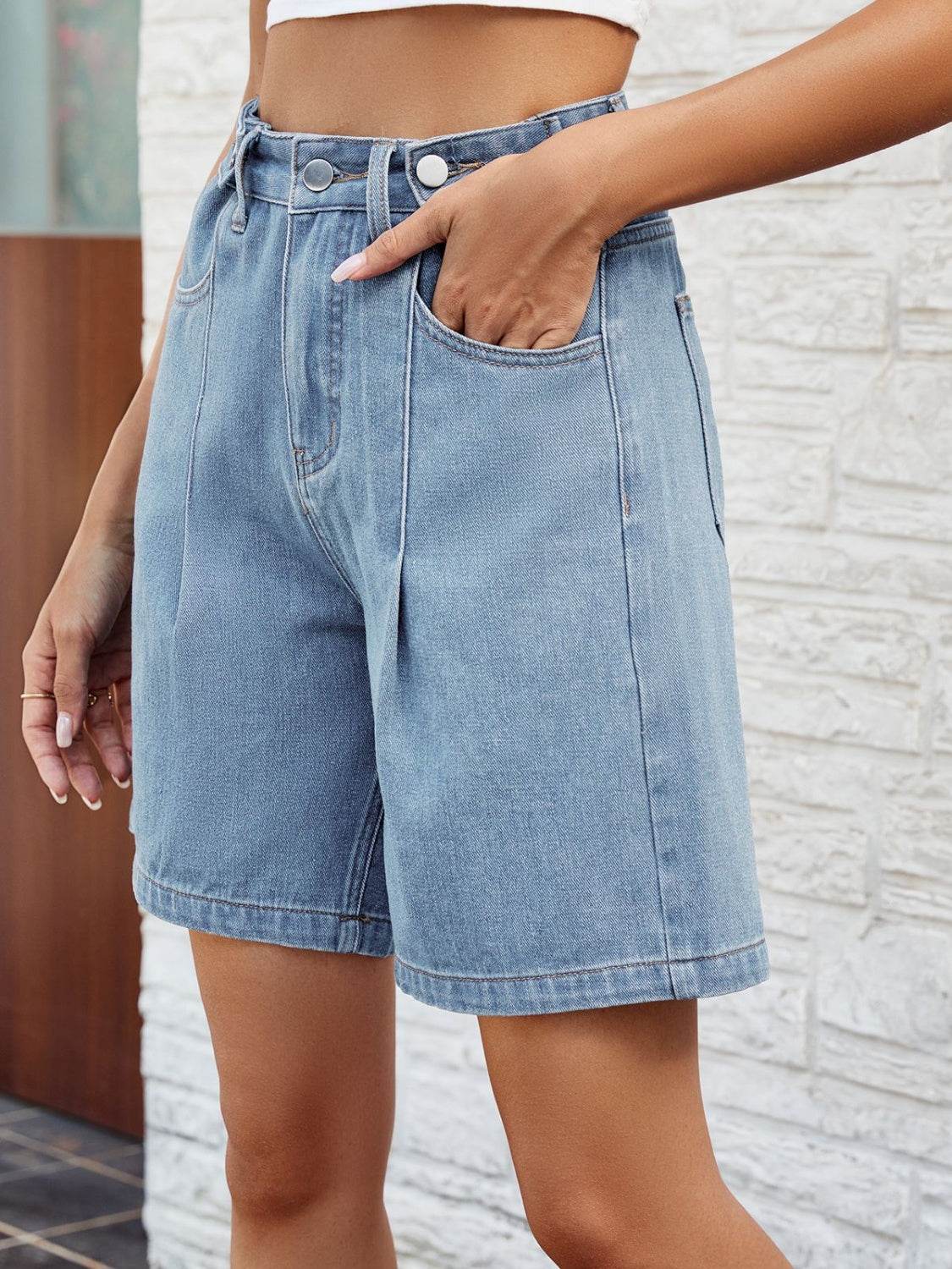 High Waist Denim Shorts with Pockets - Delanoir