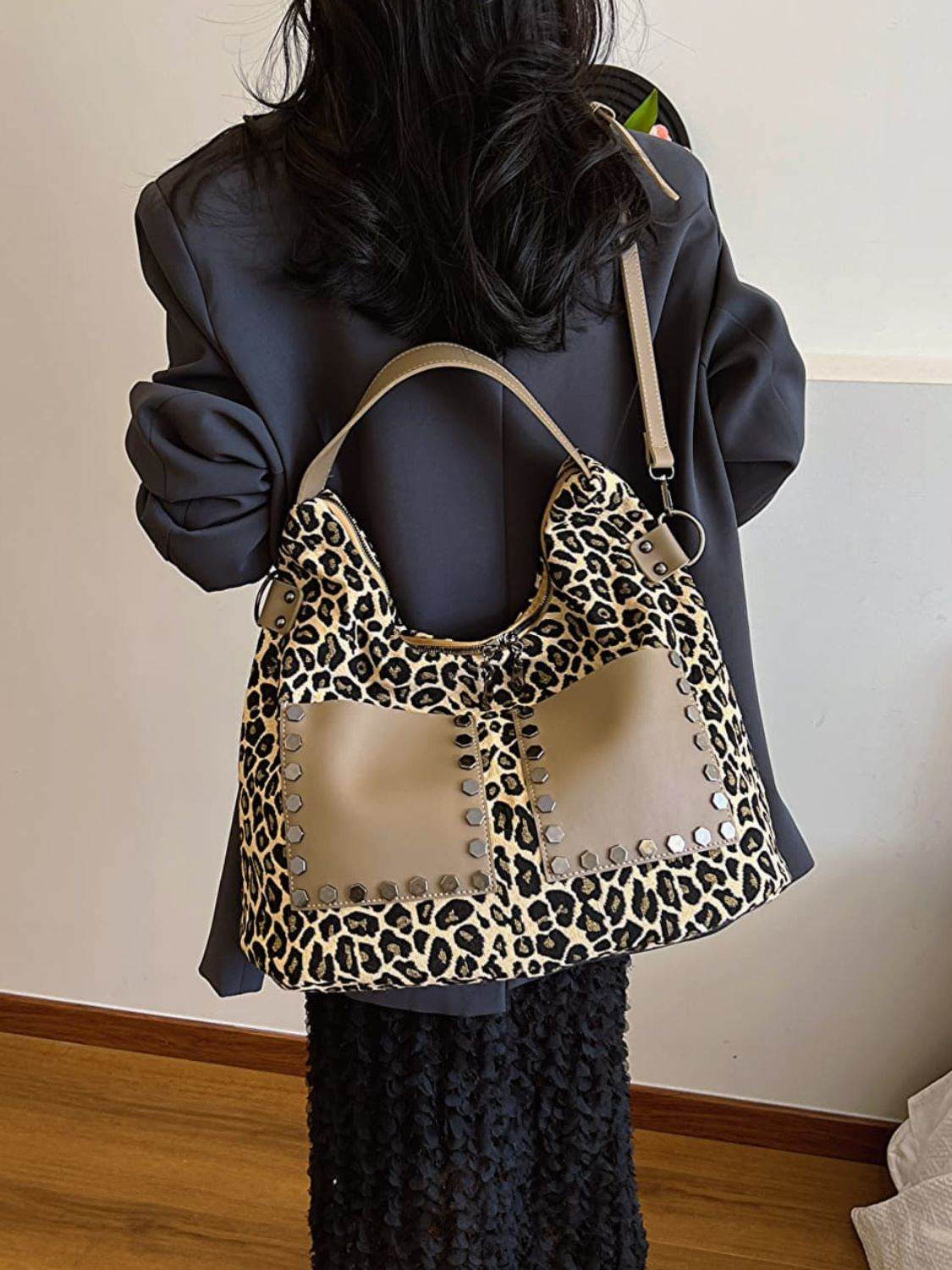 Leopard Polyester Shoulder Bag with Zippers - Delanoir