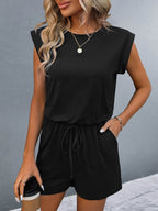 Round Neck Cap Sleeve Romper - Delanoir