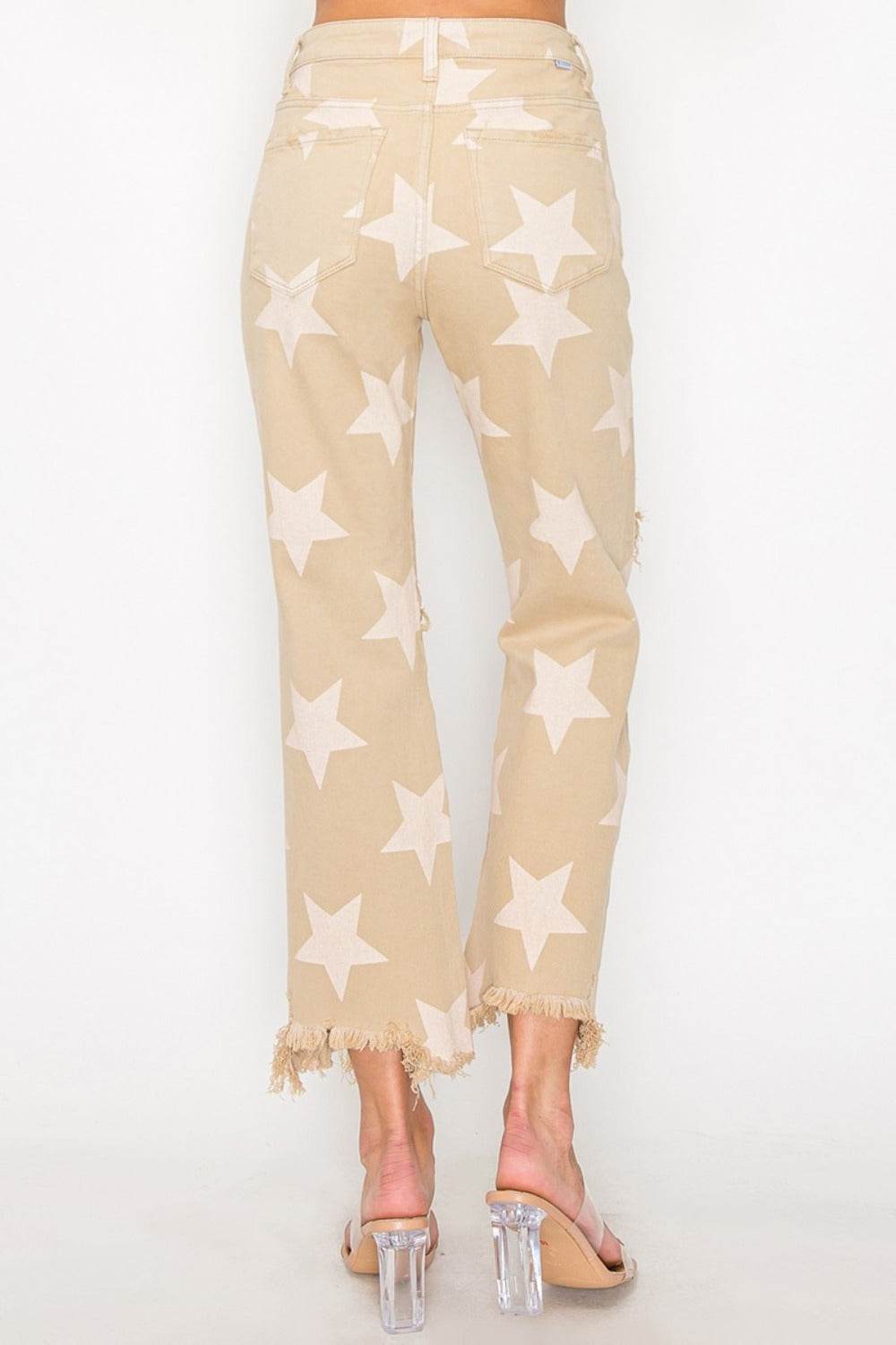 RISEN Full Size High Rise Star Printed Frayed Hem Jeans - Delanoir