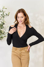 Culture Code Full Size Ribbed Surplice Cold Shoulder Top - Delanoir