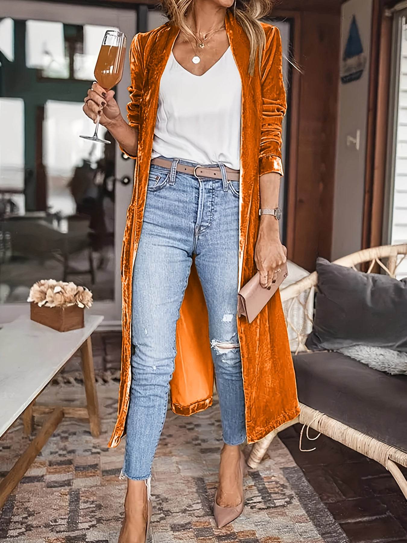 Open Front Long Sleeve Coat - Delanoir