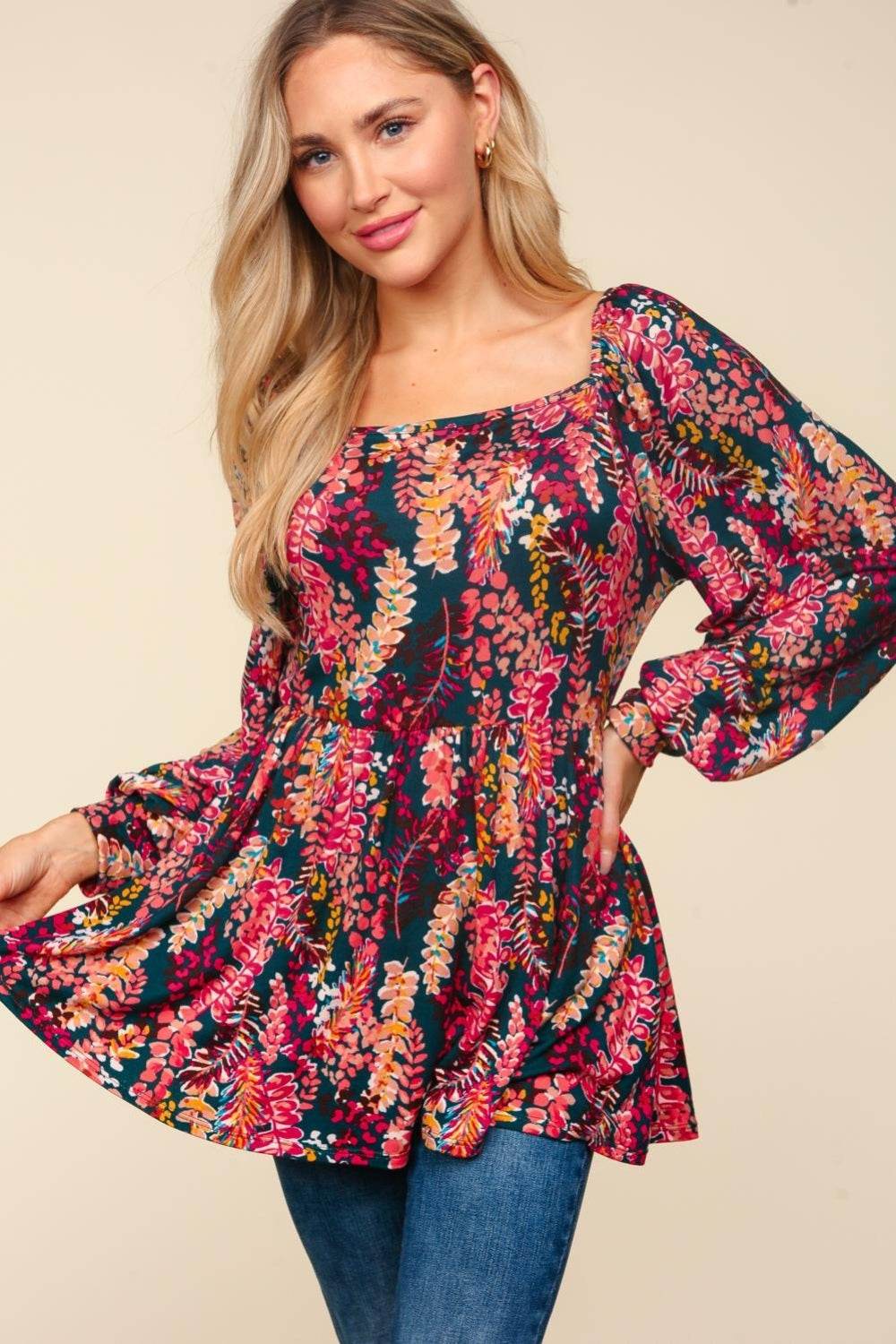 Haptics Full Size Peplum Floral Square Neck Blouse - Delanoir