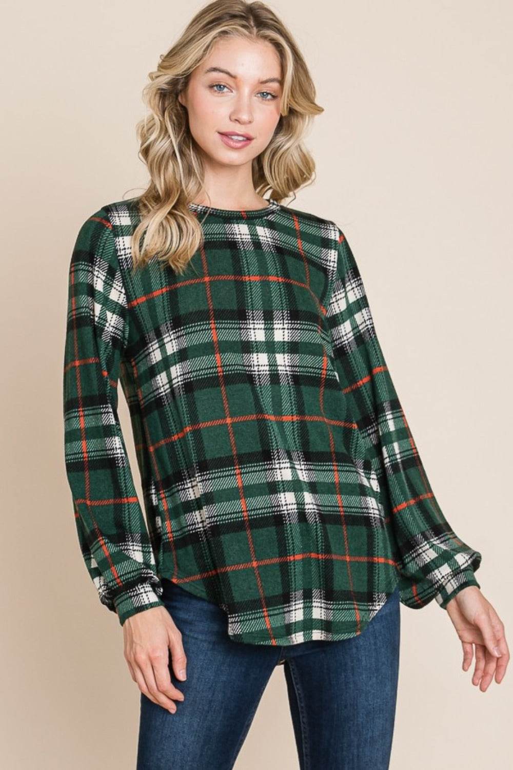 BOMBOM Curved Hem Plaid Round Neck Long Sleeve Top - Delanoir