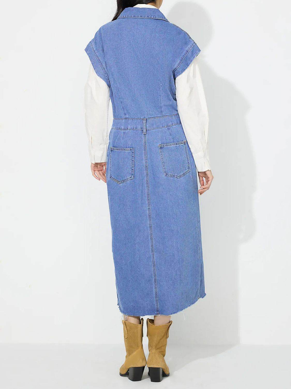Slit Half Button Collared Neck Cap Sleeve Denim Dress - Delanoir