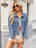 Pearl Trim Long Sleeve Denim Jacket - Delanoir