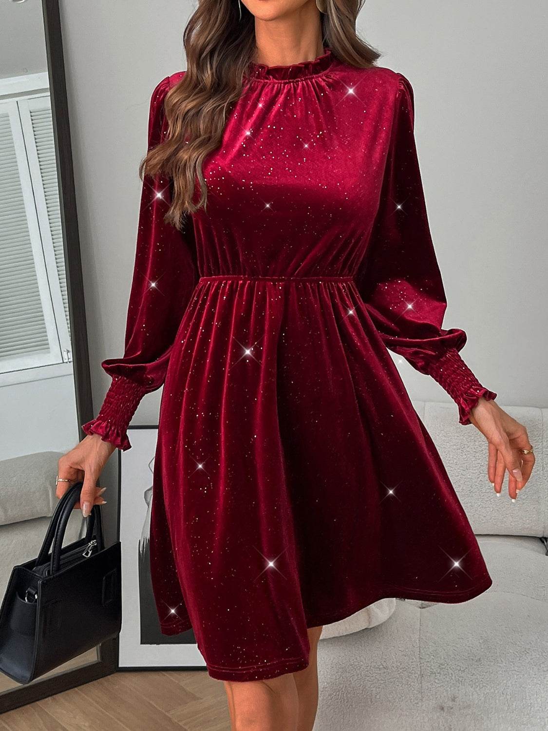 Glitter Mock Neck Long Sleeve Mini Dress - Delanoir