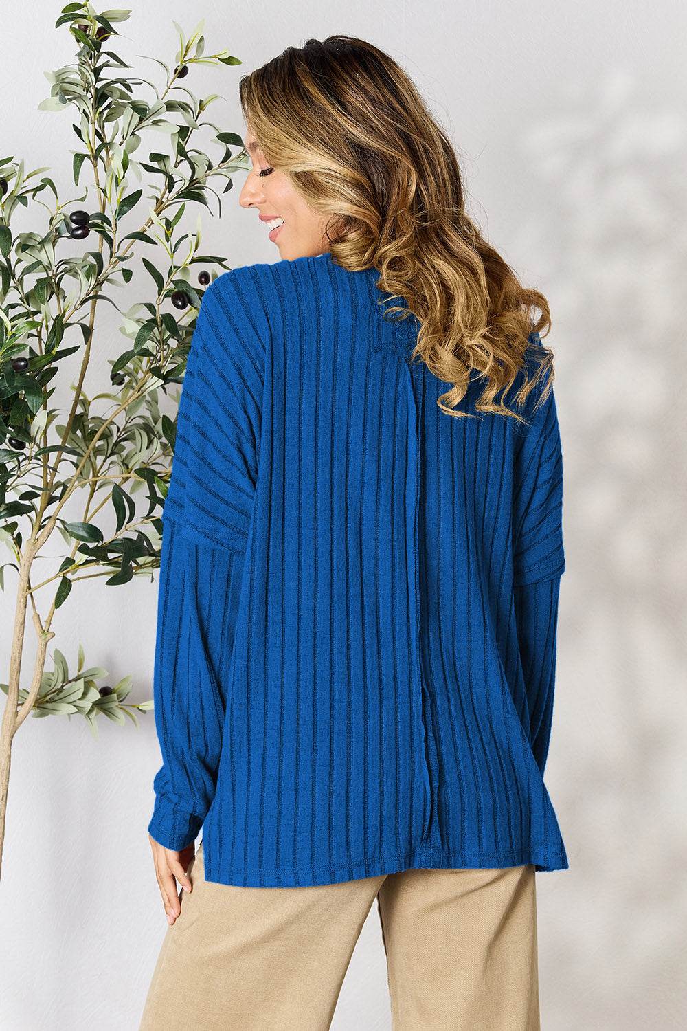 Basic Bae Full Size Ribbed Round Neck Slit Knit Top - Delanoir