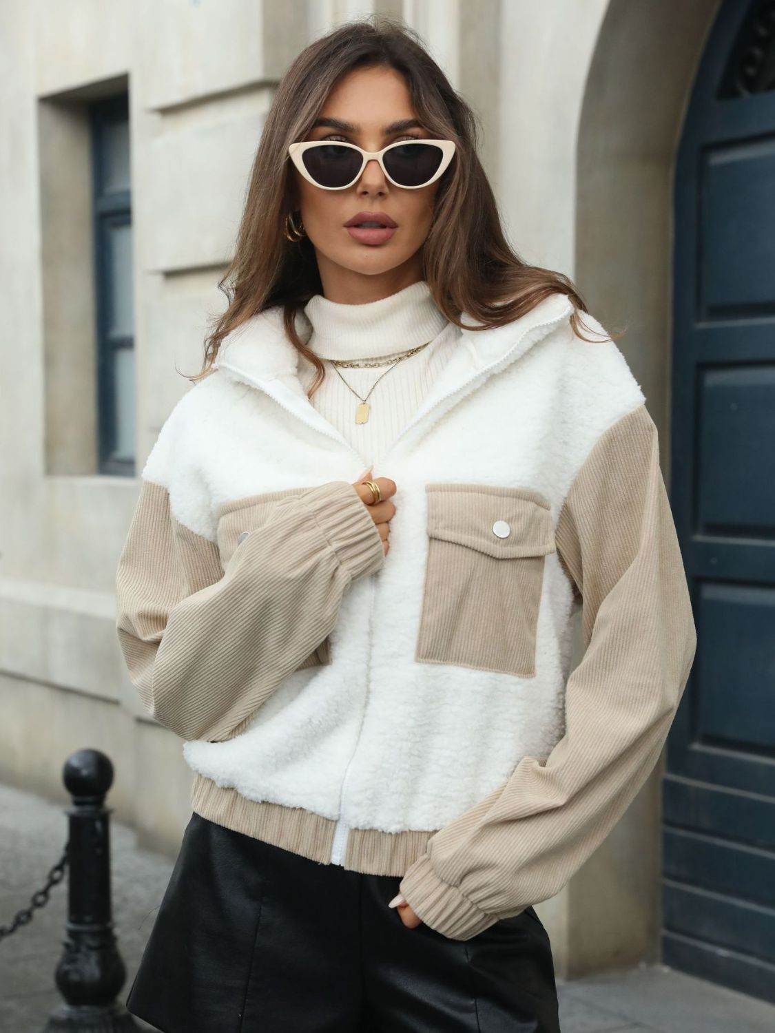 Contrast Zip Up Long Sleeve Jacket - Delanoir