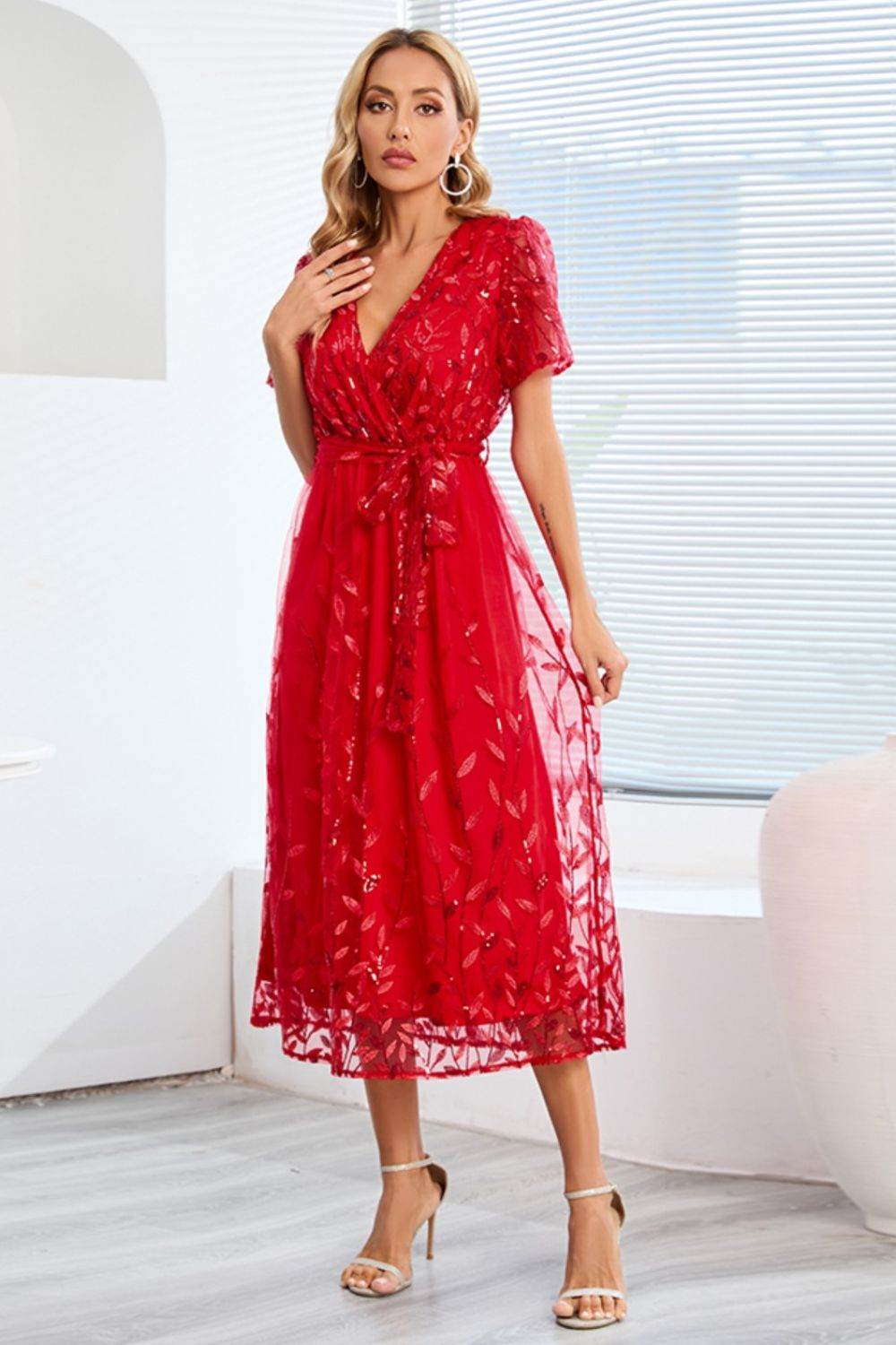 Sequin Leaf Embroidery Tie Front Short Sleeve Dress - Delanoir