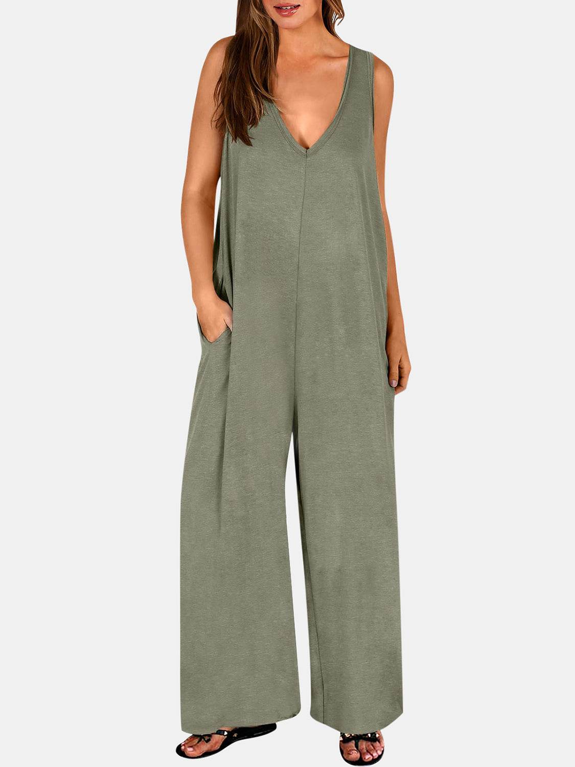 Full Size V-Neck Wide Strap Jumpsuit - Delanoir