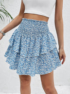 Perfee Smocked Layered Printed Mini Skirt - Delanoir