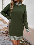 Devine Striped Mock Neck Long Sleeve Sweater Dress - Delanoir
