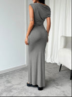 Devine Ruched Single Shoulder Short Sleeve Maxi Dress - Delanoir
