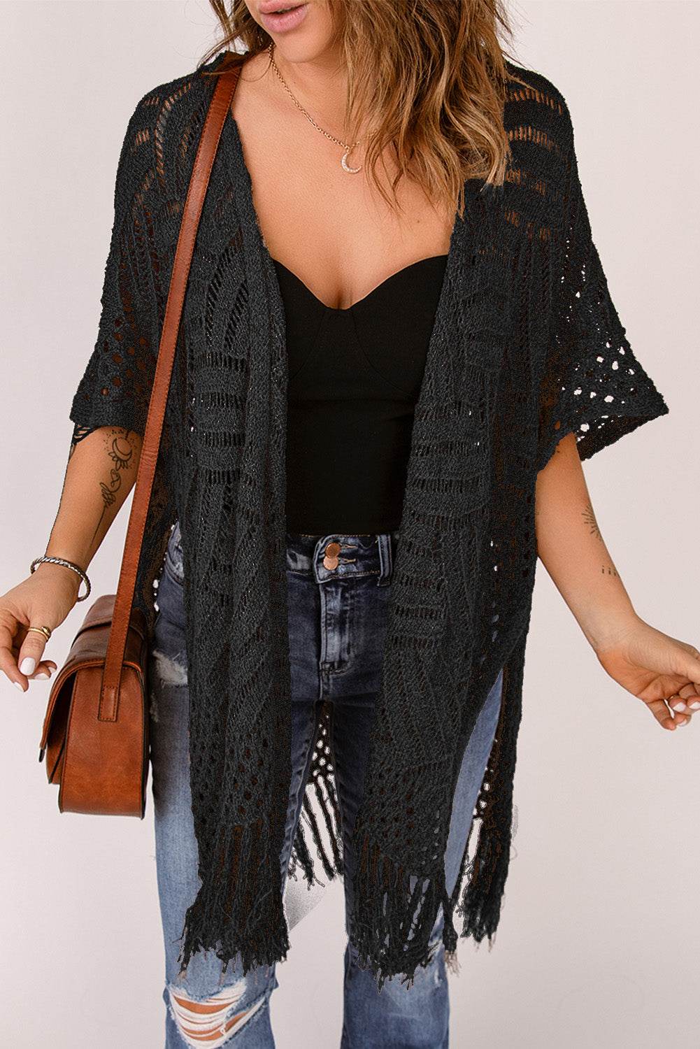 Fringe Hem Slit Open Front Cardigan - Delanoir