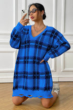 Plaid V-Neck Long Sleeve Sweater Dress - Delanoir