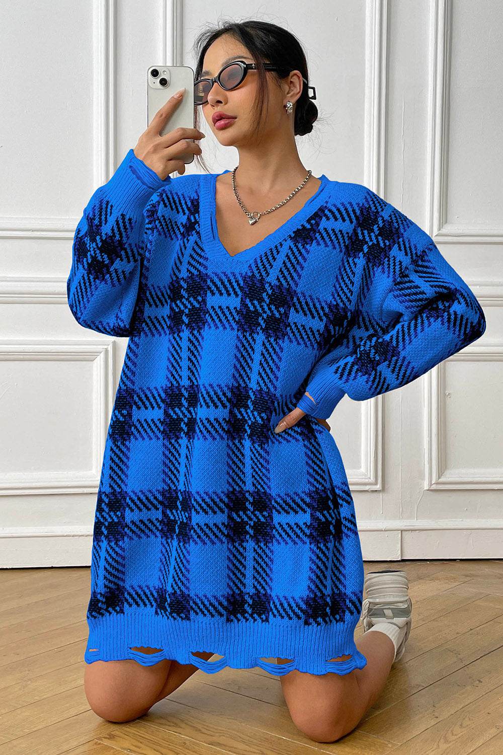 Plaid V-Neck Long Sleeve Sweater Dress - Delanoir