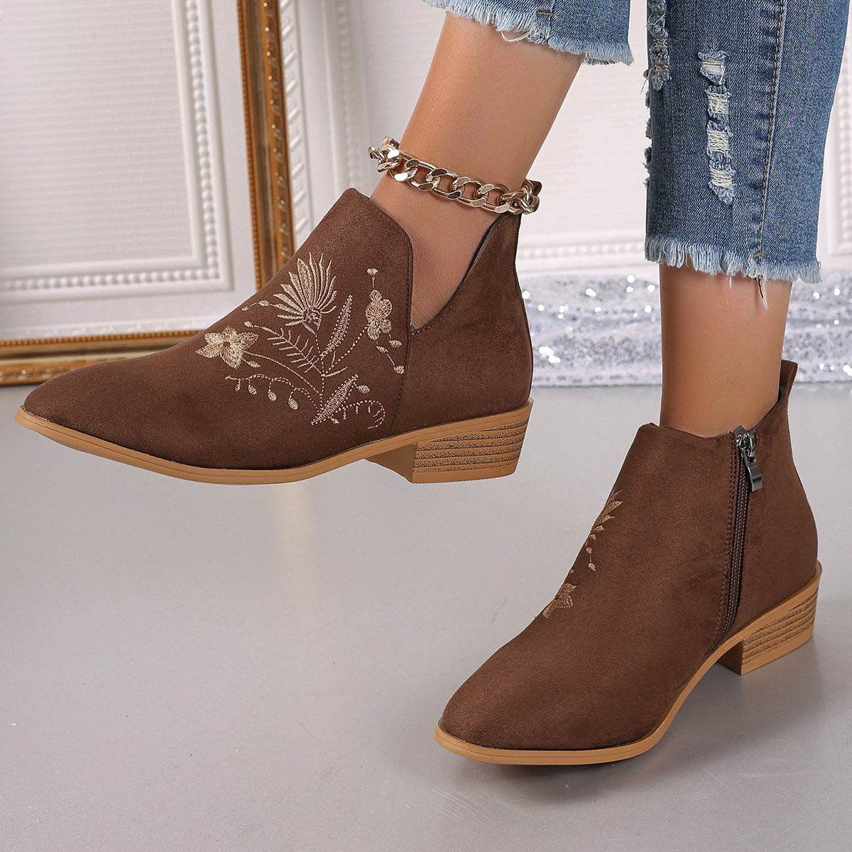 Embroidered Suede Point Toe Block Heel Boots - Delanoir