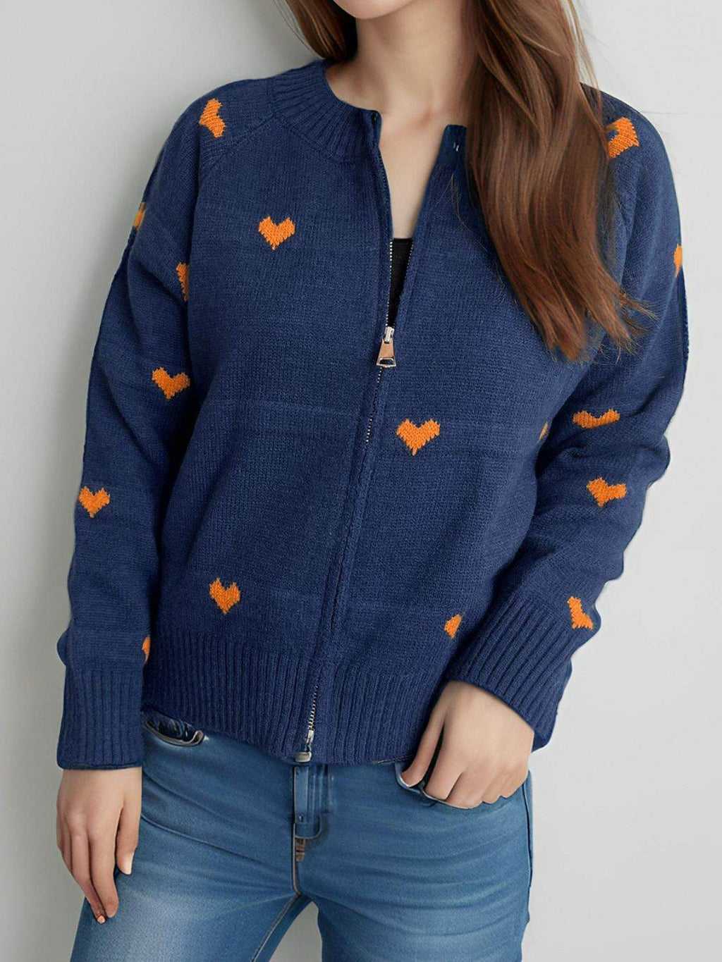 Heart Round Neck Zip Up Cardigan - Delanoir