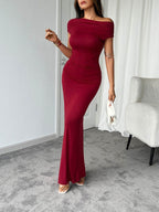 Devine Ruched Single Shoulder Short Sleeve Maxi Dress - Delanoir