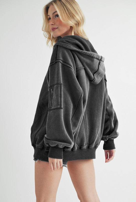 Aemi+Co Exposed Seam Zip Up Drawstring Hooded Jacket - Delanoir
