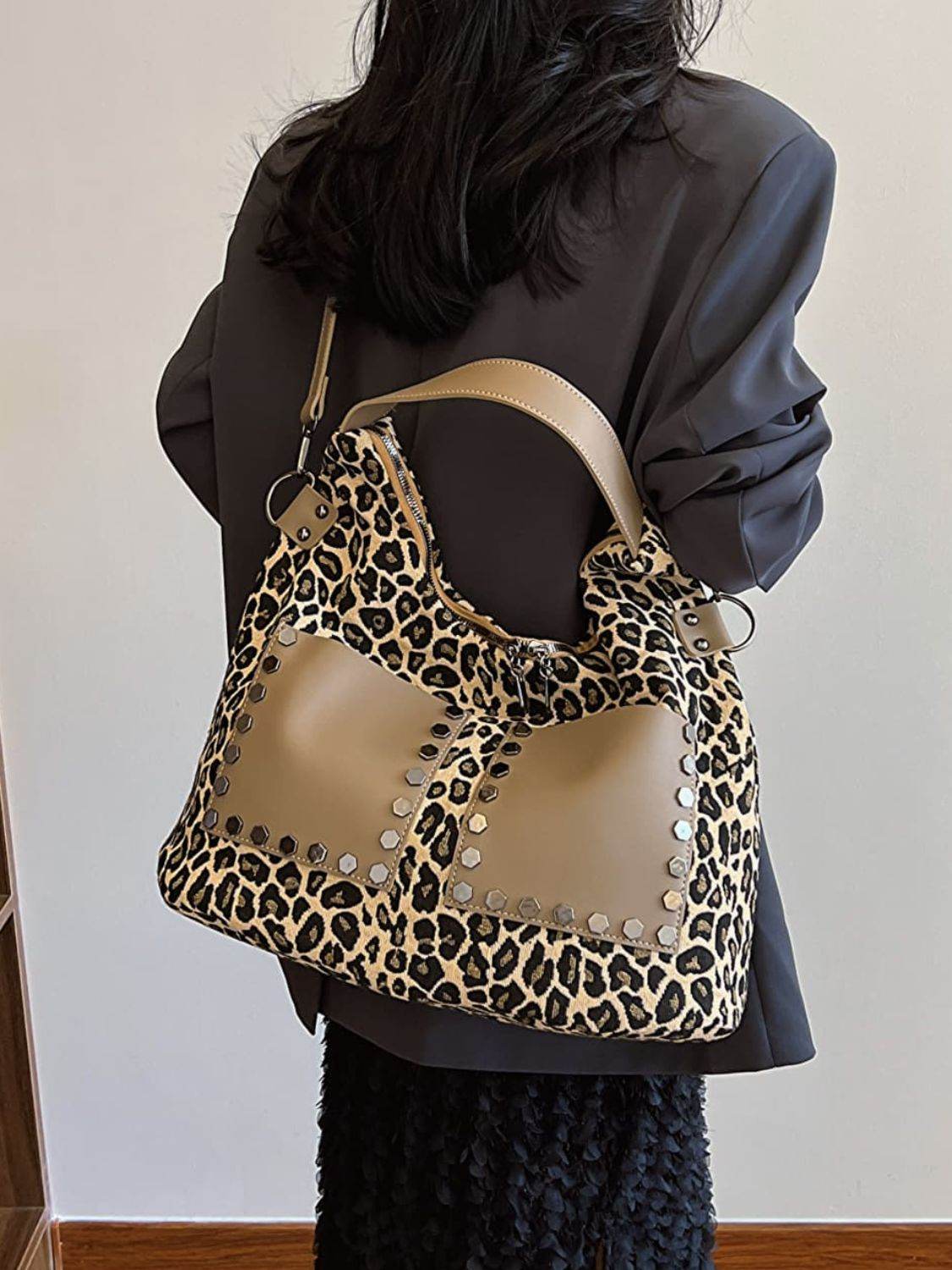 Leopard Polyester Shoulder Bag with Zippers - Delanoir