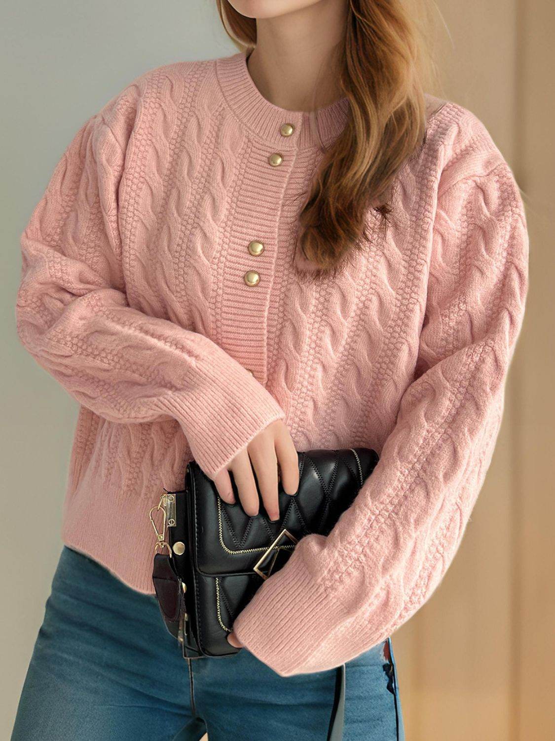 Cable-Knit Round Neck Long Sleeve Cardigan - Delanoir